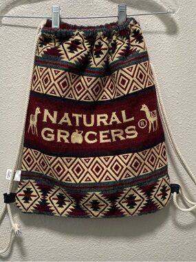 Natural Grocers Aztec Print Drawstring Backpack - Red, Cream, Green